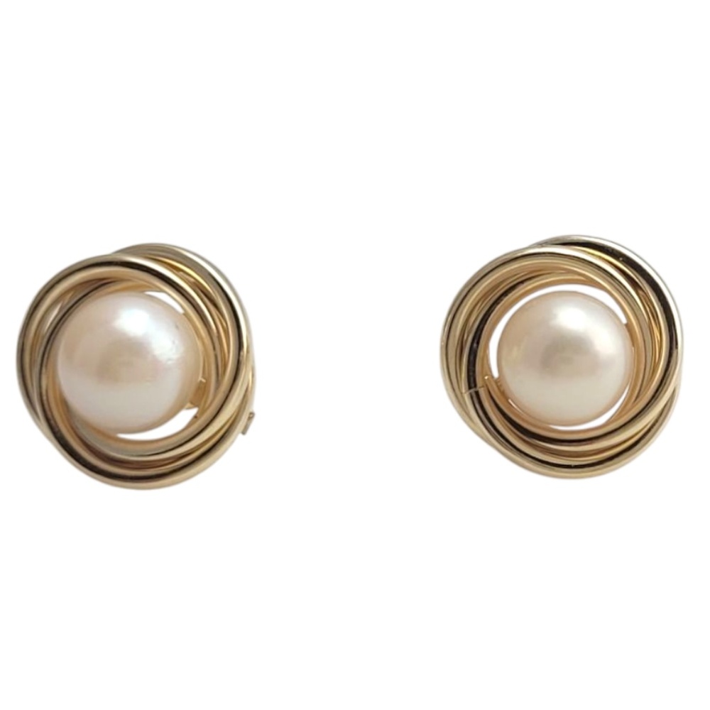14K Yellow Gold Pearl Stud Button Earrings #21090